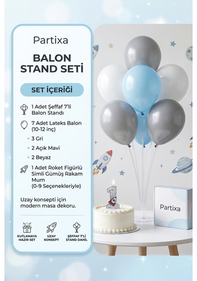 Gümüş Roket Figürlü Rakamlı Pasta Mumu Ve Masa Üstü Balon Standı Seti - Uzay Doğum Günü Süsleme Kombini Çocuk