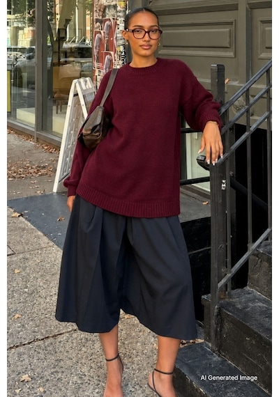 Madmext Bordo Bisiklet Yaka Oversize Uzun Kadın Triko Kazak Mg2890