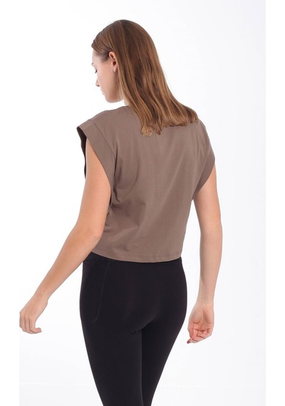 Maraton Regular Kadın Bisiklet Yaka Kakao Crop Top Kahverengi