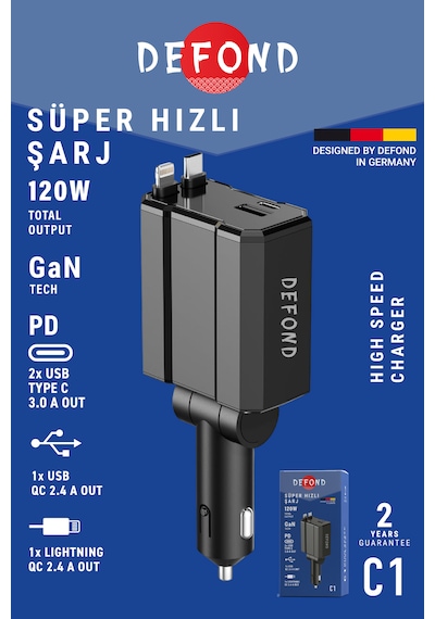 Usb C Typec Araç Şarj Aleti,4'ü 1 Arada Hızlı Şarz Araç 66w Araç Usb Şarj Cihaz Samsung Apple 120w