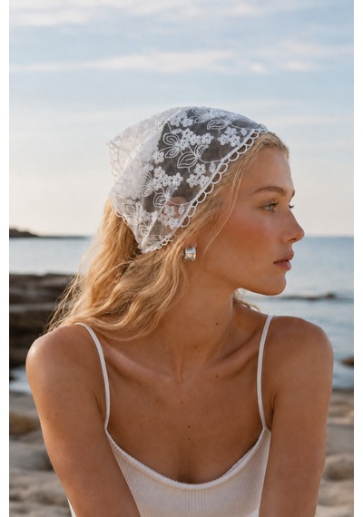 Haki Store Dantel Bandana Beyaz Desenli Transparan Bel Bandanası Saç Ve Bel Aksesuarı