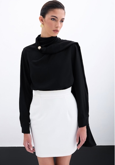 Sateen Şal Detaylı Bluz - Siyah-135955 Siyah