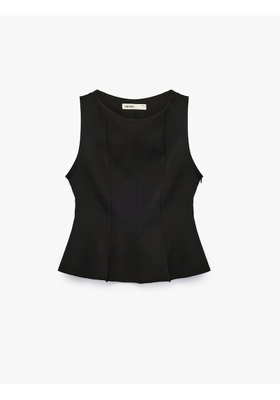 Koton Slim Fit Kolsuz Bisiklet Yaka Peplum Bluz Siyah 6sak60356pw