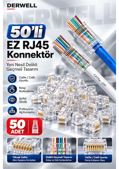 3in1 Rj45 Cat6 Konnektör Seti 50 Adet Paket - Altın Kaplama Network Ezme Jakı - İnternet Ve Ethernet Utp Kablo Başlığı - Yüksek Hızlı Veri İletimi Uyumlu - Profesyonel Ağ Kurulumu Modeli Jak Seti