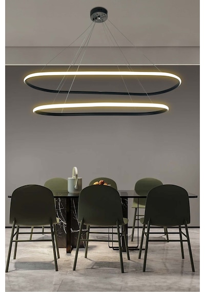 Modern Siyah Yemek Masa Avizesi, 3 Renk Led Aydınlatmalı, Modern Salon Avizesi,ofis Led Avizesi Siyah