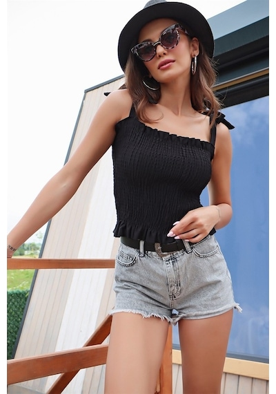 Aqe Fashion Omuz Bağlamalı Gipeli Kolsuz Siyah-Siyah