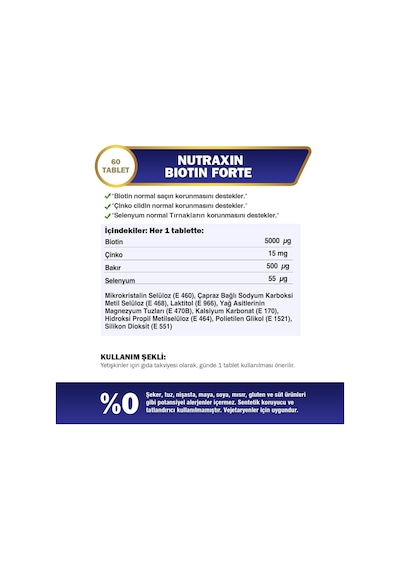 Ayrex Nutraxin Biotin Forte 5000 Mcg Biotin, Çinko, Bakır Ve Selenyum İçeren Saç, Cilt Ve Tırnak Tableti 6