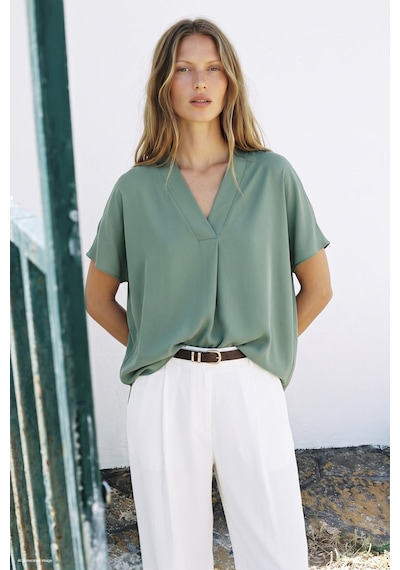 Sateen Geniş Kısa Kollu Bluz - Mint-137800 MİNT