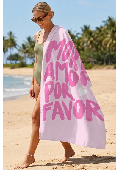 More Amore Pembe Yazı Temalı Plaj Havlusu - Modern Tipografik Kalp Hızlı Kuruyan Mikrofiber Havlu Çok Renkli