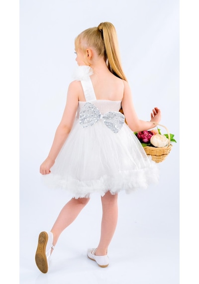 Mnk Baby & Kids Tek Omuz Kız Çocuk Abiye Mnk0599 Beyaz