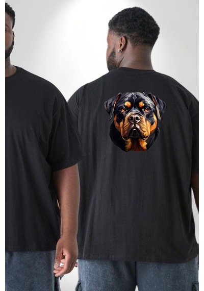 Angemiel Rottweiler Kafası Büyük Beden Siyah Tişört Kadın Erkek Ünisex Sırt Baskılı Siyah