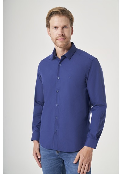 İmza Lacivert Sert Yaka Uzun Kol Cepsiz Slim Fit Pamuklu Gömlek 1004260181