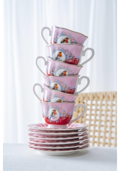 Acar Syt-08596 Birdie Pembe 6'lı Kahve Fincan Takımı Pembe