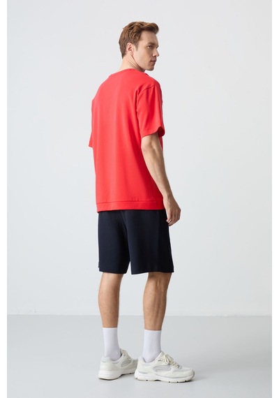 Fiesta Lacivert Pamuklu Kalın Yumuşak Dokulu Oversize Fit Basic Erkek Şort Takım - 85257 Kırmızı