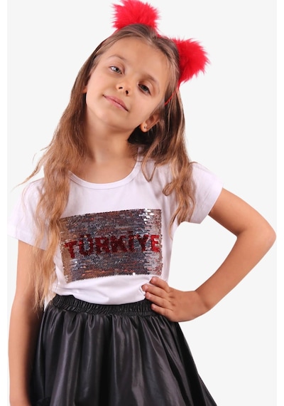 Breeze Kız Çocuk Tişört Pullu Ay Yıldızlı 6-14 Yaş, Beyaz Beyaz
