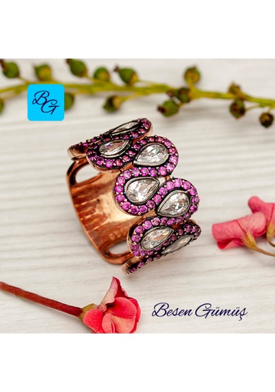 Pembe Zirkon Taşlı Damla Yedi Taş Yüzük Gümüş - Rose Gold
