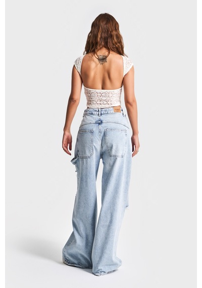 it's basic Kadın Kot Rengi 12s5-3 Mega Baggy Fit Süper Bol %100 Koton Orta Bel Denim Jean Mavi