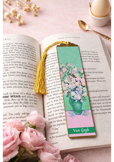 Kitap Kılıfı Ve Metal Kitap Ayracı Seti Van Gogh Pembe Güllü Vazo