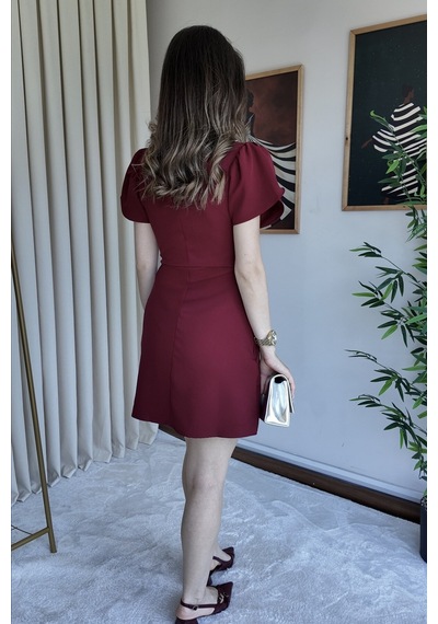 Meecy Dik Yaka Düğme Detaylı Mini Elbise Bordo Bordo