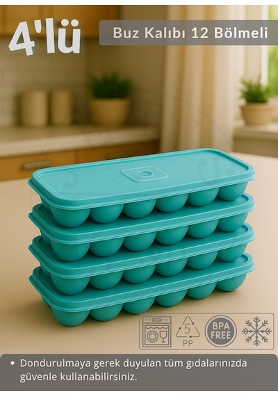 4'lü Set Buz Kalıbı 12 Bölmeli Esnek Silikon Buz Küpü Bpa Free Kare Bas Parmak Buzluk Çapı 3,5 Cm Mavi Yeşil