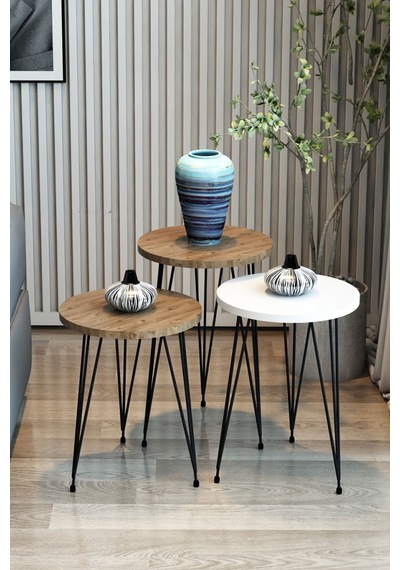 3'lü Zigon Sehpa Yuvarlak Model Zigon Sehpa Metal Tel Ayak 1beyaz2ceviz