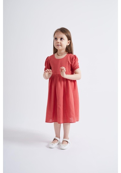 Oliventhekid Kolları Ve Beli Lastikli Kız Çocuk Elbise Kiremit Kiremit