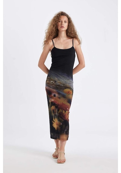 DeFacto Bodycon Vücudu Saran Askılı Desenli Tül Askılı Maxi Elbise D5034AX24AUYL189