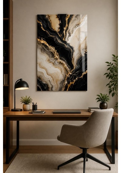 Siyah Gold Mermer Desenli Baskılı Cam Tablo Lüks Modern Duvar Dekoru