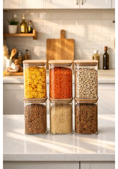 Porsima 6-3 Bambu Vakumlu Kapaklı Kare Borsilikat Cam 6lı Kavanoz Seti Saklama Kabı 1250ml 9,5x15cm Ahşap - Şeffaf