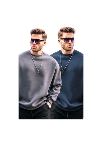 Madmext Füme/lacivert Bisiklet Yaka Oversize Şardonlu Basic Erkek 2'li Paket Sweatshirt E7447 Füme/lacivert