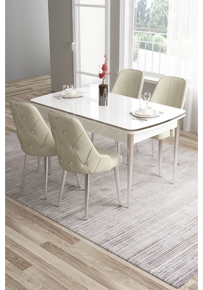 Canisa Tia Serisi 80x132 Açılabilir Mdf Krom Detay Beyaz Masa Takımı Ve 4 Krem Sandalye Masa Beyaz Sandalye Krem Canisa Tia Serisi 80x132 Açılabilir Mdf Krom Detay Beyaz Masa Takımı Ve 4 Krem Sandalye Masa Beyaz Sandalye Krem