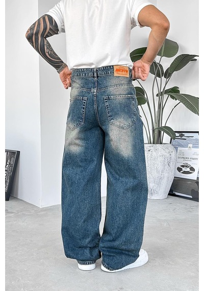 Eskitme Mavi Soft Degrade Basic Ekstra Bol Pantolon Eskitme Mavi