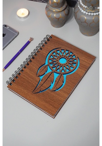Rüya Kapanı Desenli Ahşap Defter - A5 Notebook - Günlük - Çizgisiz Anı Defteri Ahşap Rengi Ceviz