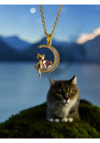 Pembe Taşlı Kedi Figürlü Kadın Kolye Gold Renk Paslanmaz Çelik, 55 Cm Şık Ve Sevimli Tasarım Çelik