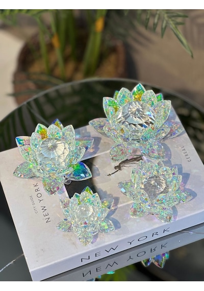 Chacha Home Kristal Nilüfer Çiçeği Obje & Mumluk - Lüks Cam Lotus Sehpa Ve Konsol Dekoru 15 Cm / 10 Cm / 8 Cm / 6 Cm Mini