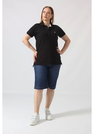 Moda Berray 21305 Kısa Kollu Büyük Beden Lakost Kumas T-shirt Siyah Siyah