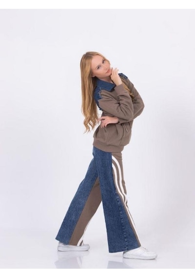 Zekids Kız Çocuk Şeritli Bol Paça Denim Pantolon-13453-kahverengi Kahverengi