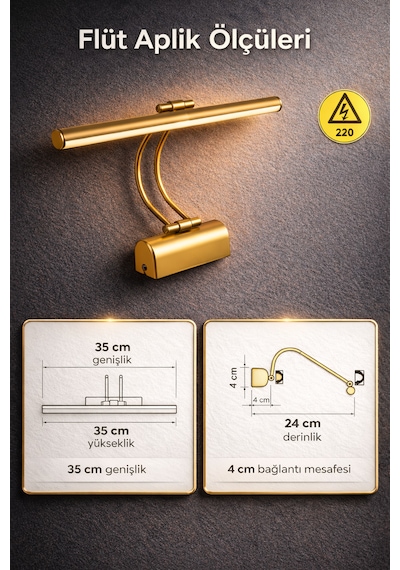 Merwish 35 Cm Flüt Led Aplik 3200k Sarı Işık Kablolu Duvar Apliği 220v Elektrik Bağlantılı Modern Tasarım 35cm 3200k Gold