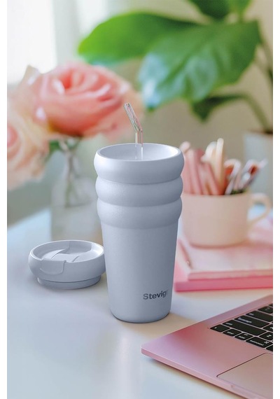 Stevig 3 Bubble Two-cap Straw Tumbler Çelik Termos 600 Ml Zen Blue St-246 Mavi