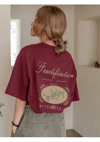Flood Of Style Kadın Bordo Fructification Baskılı Oversize T-shirt