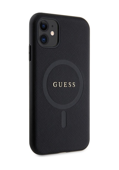 Apple Uyumlu iPhone 11 Kılıf Guess Lisanslı Magsafe Şarj Özellikli Yazı Logolu Saffiano Classic Kapak Siyah