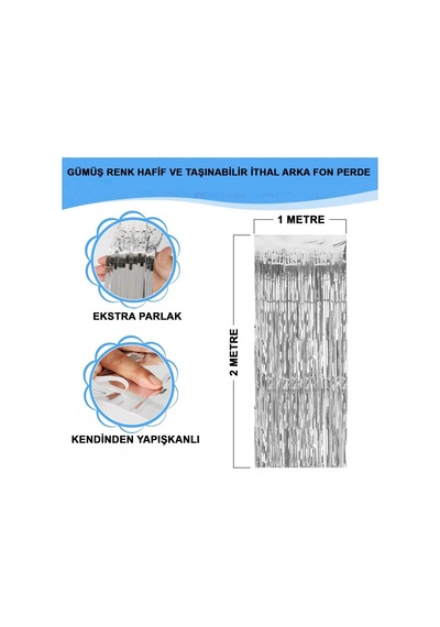 Plentifulgümüş Renk Ekstra Metalize Parlak Saçaklı Arka Fon Perde İthal 1x2 Metre Gümüş