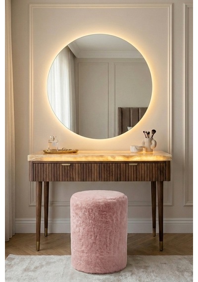 Peluş Puf Ø33x44 Cm Silindir Tabure Makyaj Masası Pufu Kürk Görünümlü Pembe