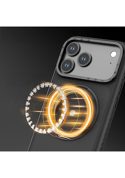 Apple Uyumlu iPhone 17  Kılıf M-safe Şarj Özellikli Metal Standlı Lenyes Ck225 Kevlar Kapak Siyah Siyah