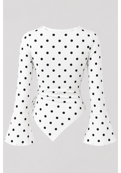 Meren Like Your Style Puantiyeli Yuvarlak Yaka Drape Detaylı İspanyol Kol Tesettür Uyumlu Üst Bluz Beyaz Poantiye Meren Like Your Style Puantiyeli Yuvarlak Yaka Drape Detaylı İspanyol Kol Tesettür Uyumlu Üst Bluz Beyaz Poantiye