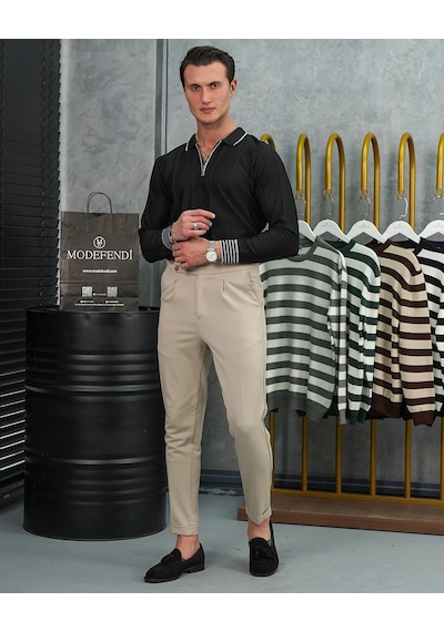 Modefendi Pamuk Likra Slim Fit Bilek Ve Yaka Çizgi Detaylı Yaka Fermuarlı Triko Kazak Siyah Modefendi Pamuk Likra Slim Fit Bilek Ve Yaka Çizgi Detaylı Yaka Fermuarlı Triko Kazak Siyah
