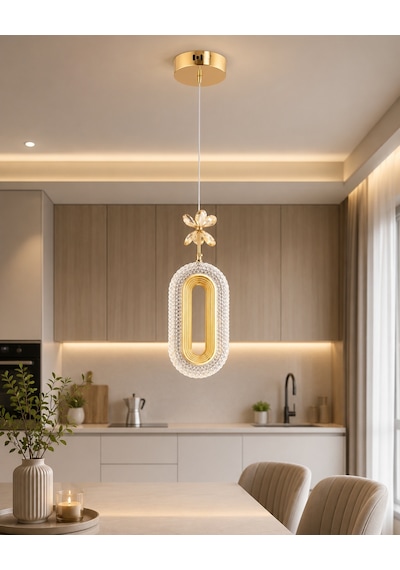 Tekli Defne 3 Renk Modlu Kristal Taşlı Ledli Sarkıt Avize Sarı