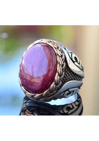 Gerçek Doğal Cabochon Yakut Taşı, Yakut Yüzük, Sterlin Gümüş Erkek Yüzüğü, Pembe Gümüş