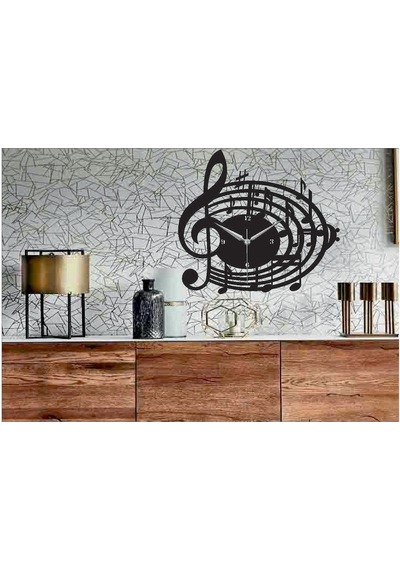 Müzik Nota Temalı Dekoratif Ahşap Duvar Saati Ahşap