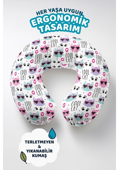 Sevimli Kedili Pamuklu Boyun Yastığı - Renkli Kalpler Cool Cat Çocuk & Yetişkin Seyahat Yastığı Mat Taş Hardal